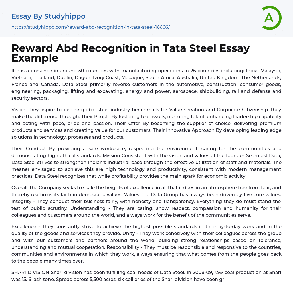 Reward Abd Recognition in Tata Steel Essay Example