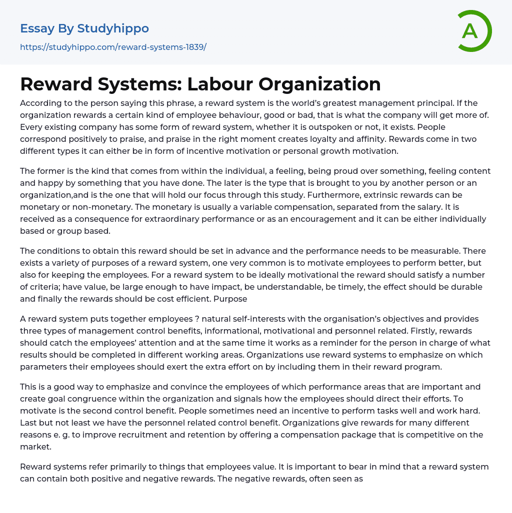 Reward Systems: Labour Organization Essay Example
