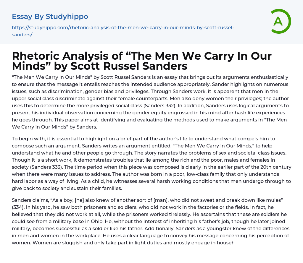 Rhetoric Analysis of “The Men We Carry In Our Minds” by Scott Russel Sanders Essay Example