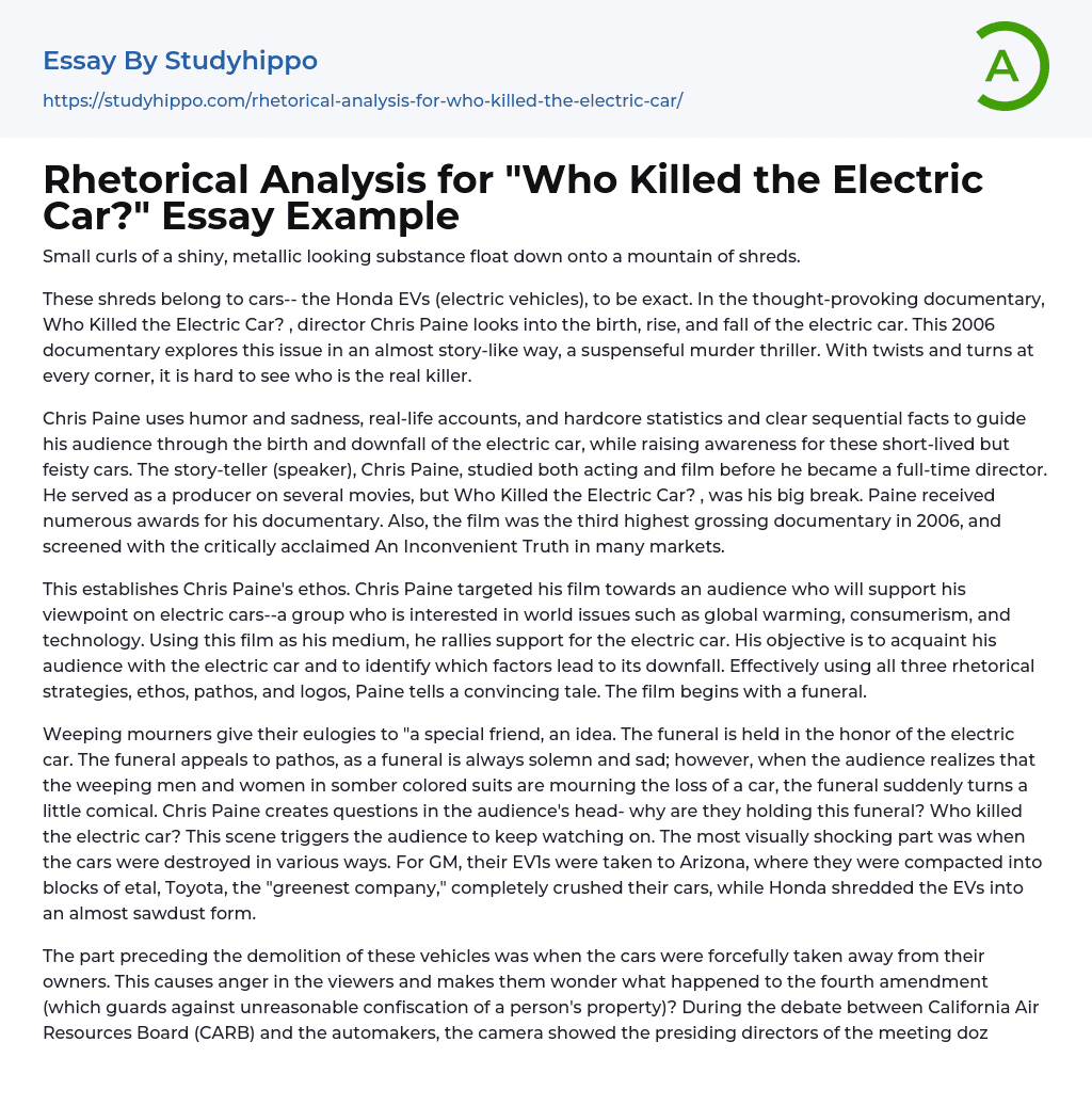 Rhetorical Analysis for “Who Killed the Electric Car?” Essay Example