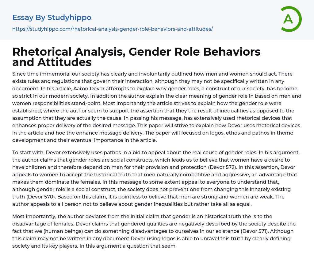 Rhetorical Analysis, Gender Role Behaviors and Attitudes Essay Example