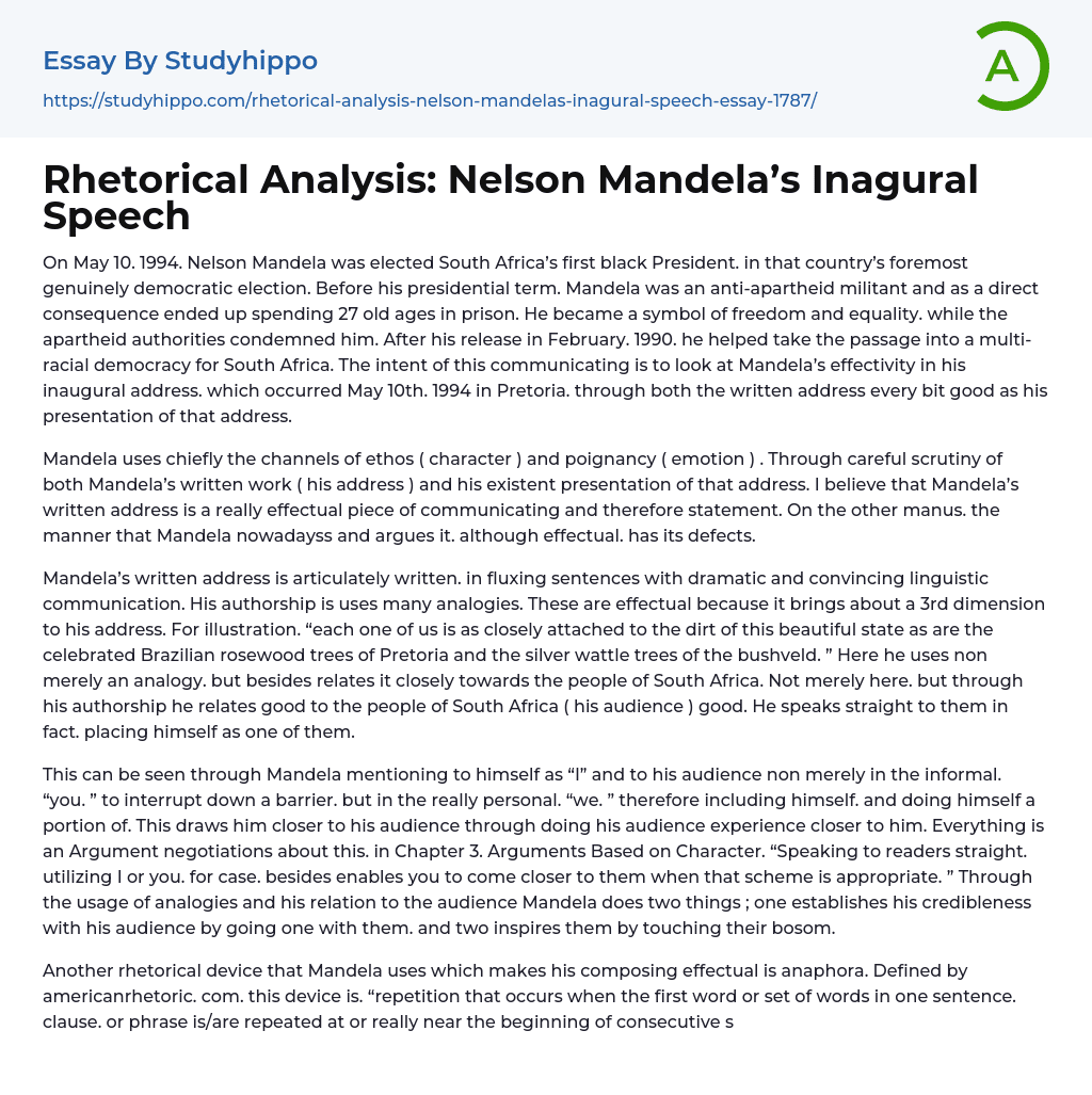 Rhetorical Analysis: Nelson Mandela’s Inagural Speech Essay Example