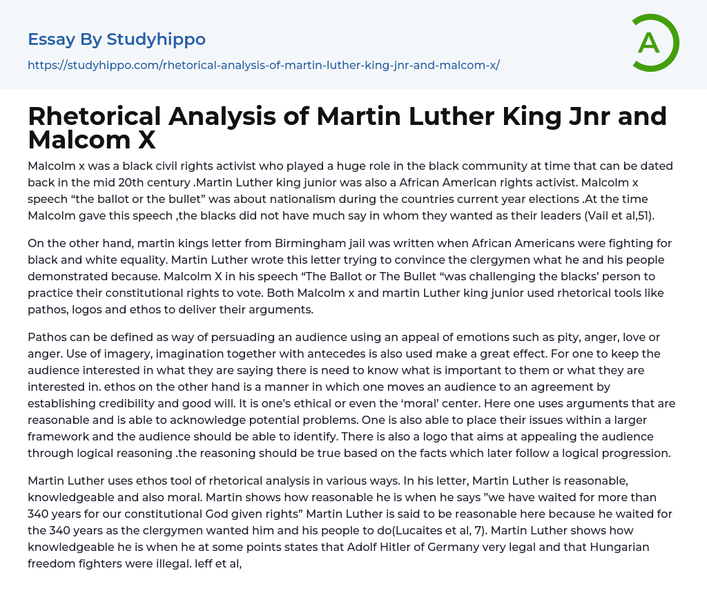 Rhetorical Analysis of Martin Luther King Jnr and Malcom X Essay Example