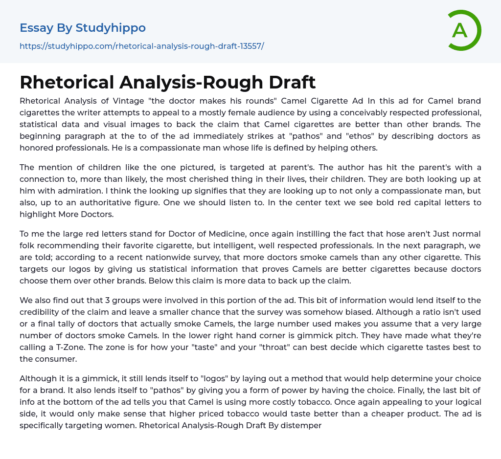 Rhetorical Analysis-Rough Draft Essay Example