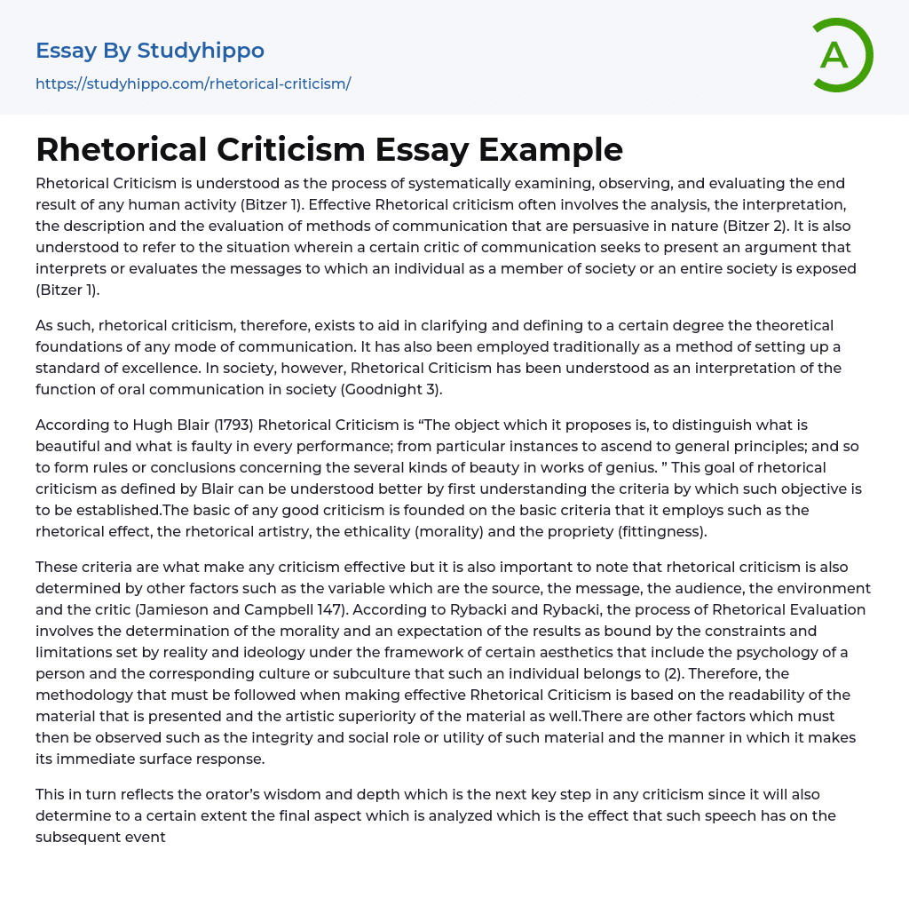 Rhetorical Criticism Essay Example