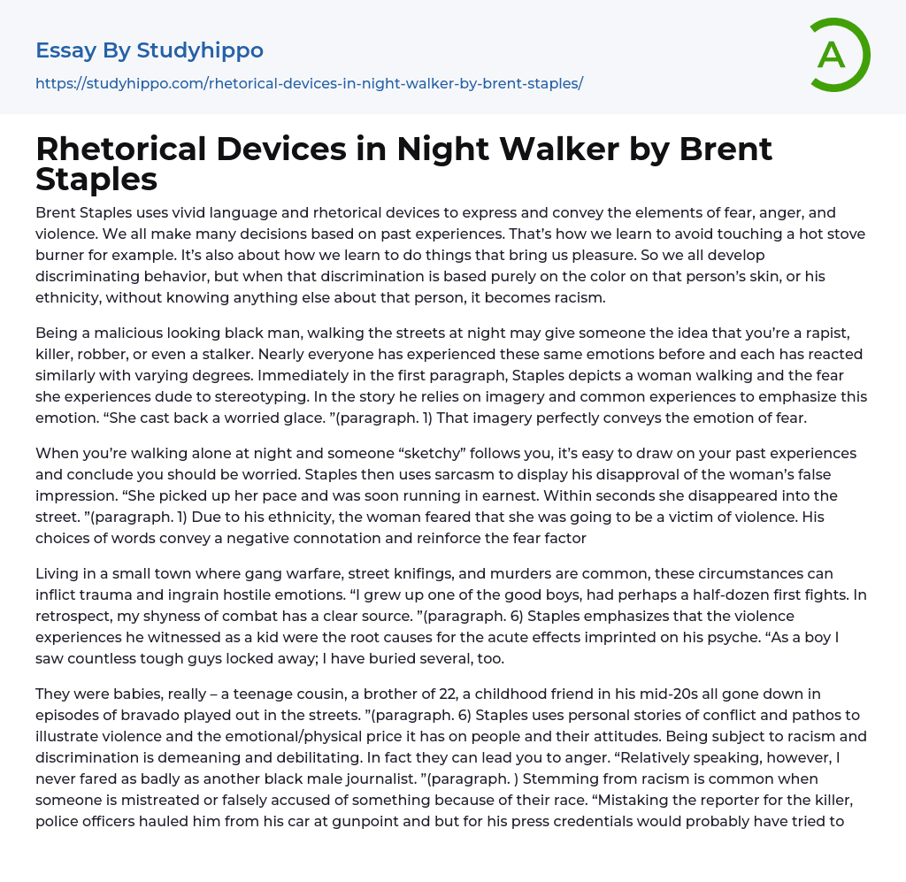 Rhetorical Devices in Night Walker by Brent Staples Essay Example