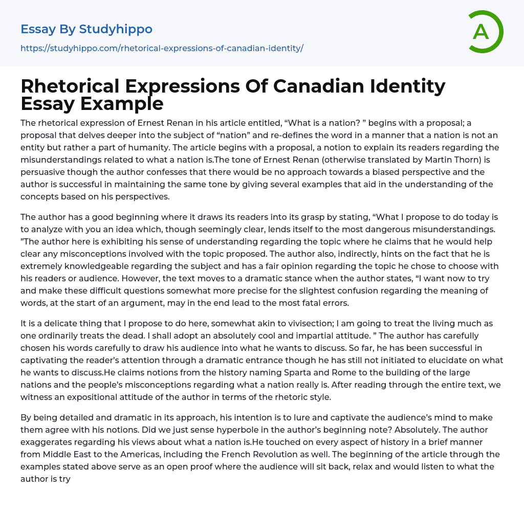 Rhetorical Expressions Of Canadian Identity Essay Example