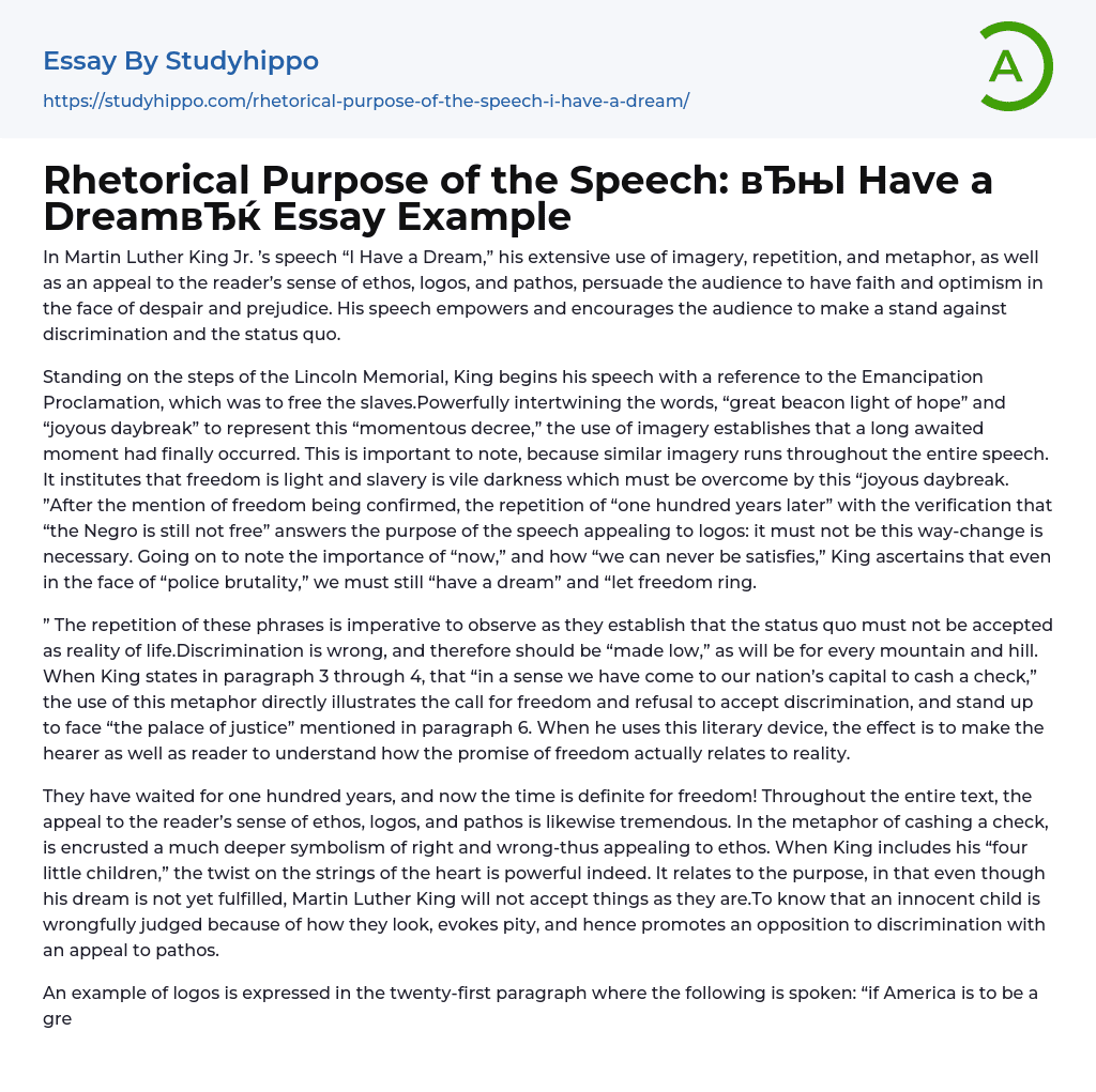 Rhetorical Purpose of the Speech: “I Have a Dream” Essay Example