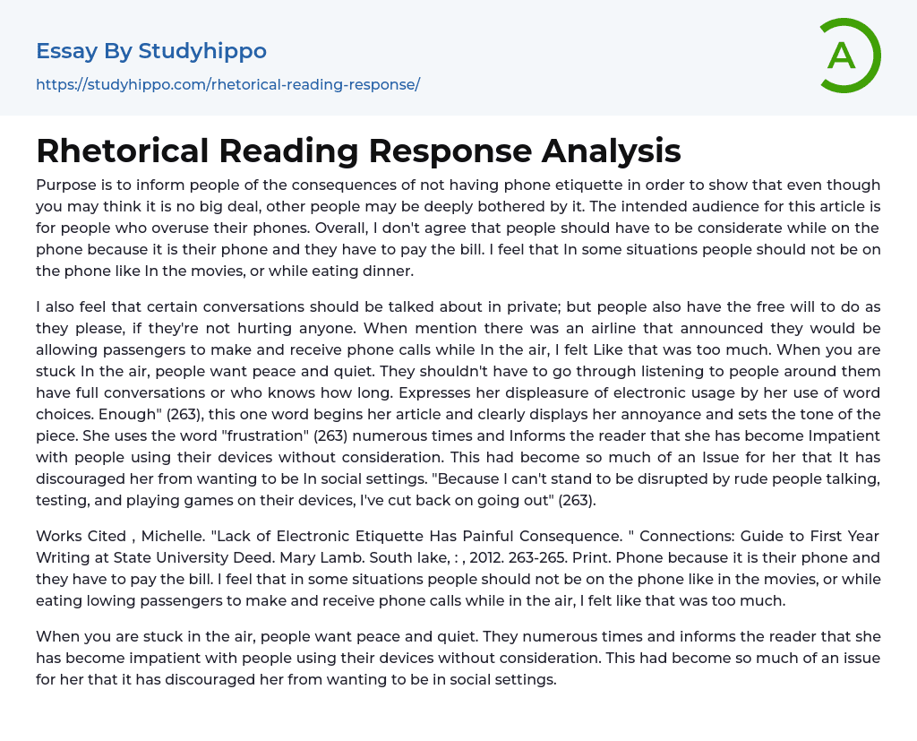 Rhetorical Reading Response Analysis Essay Example