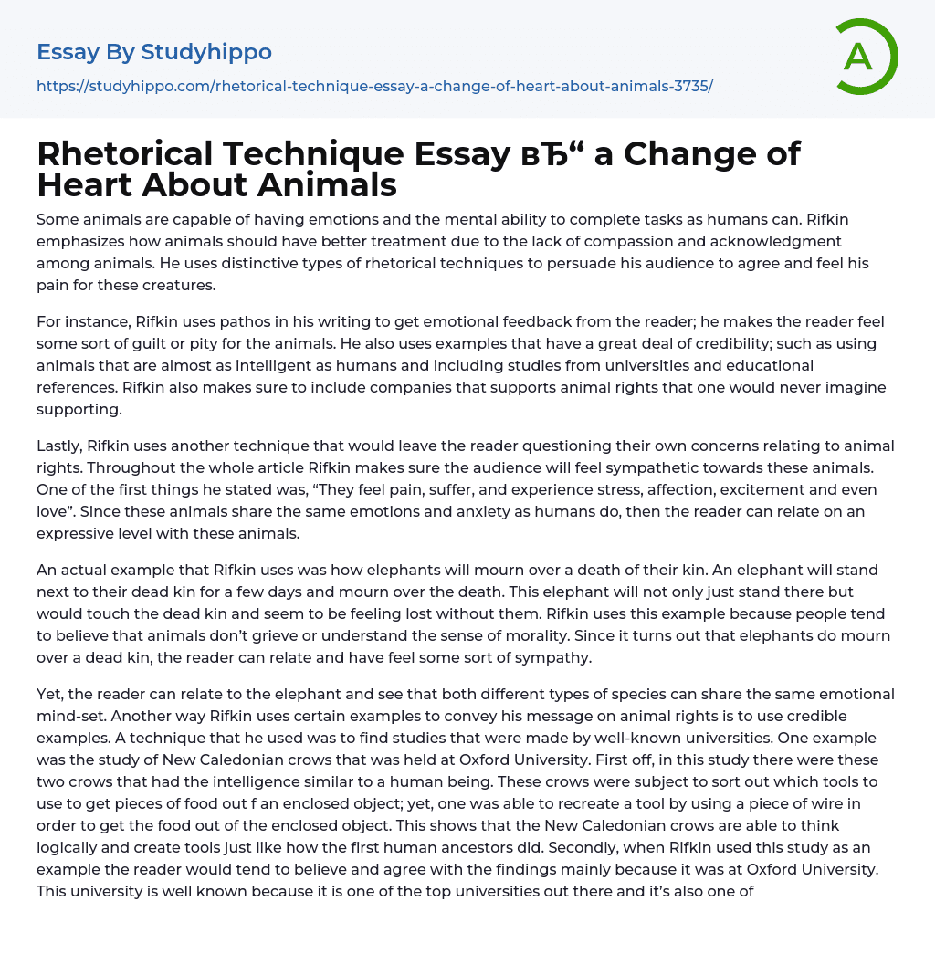 Rhetorical Technique Essay a Change of Heart About Animals