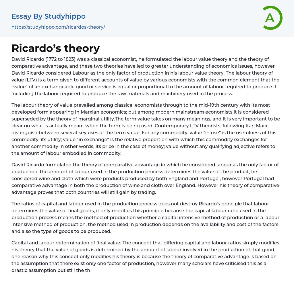 Ricardo’s theory Essay Example