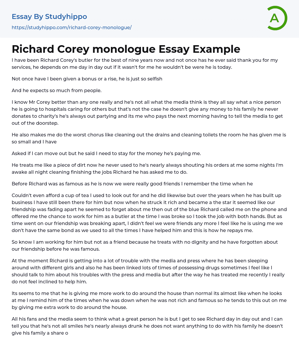 Richard Corey monologue Essay Example