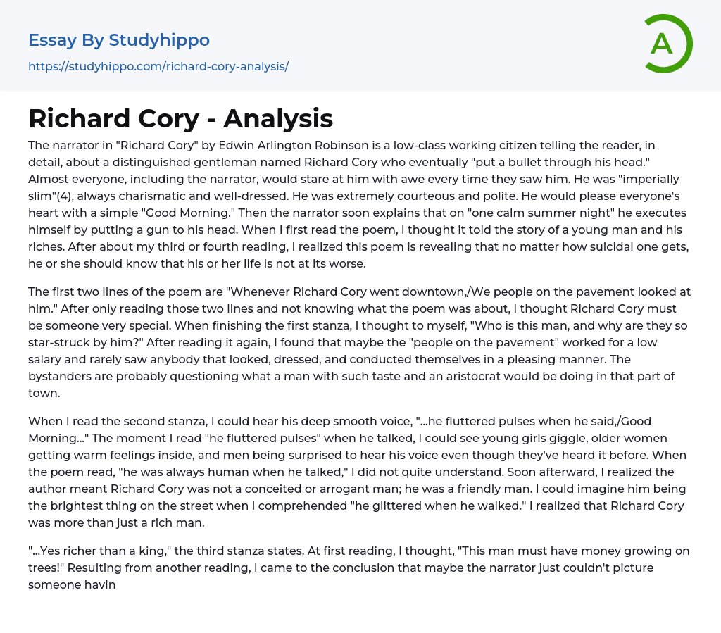Richard Cory – Analysis Essay Example