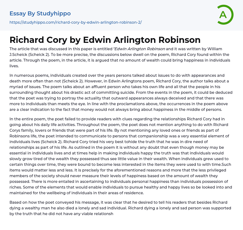Richard Cory by Edwin Arlington Robinson Essay Example