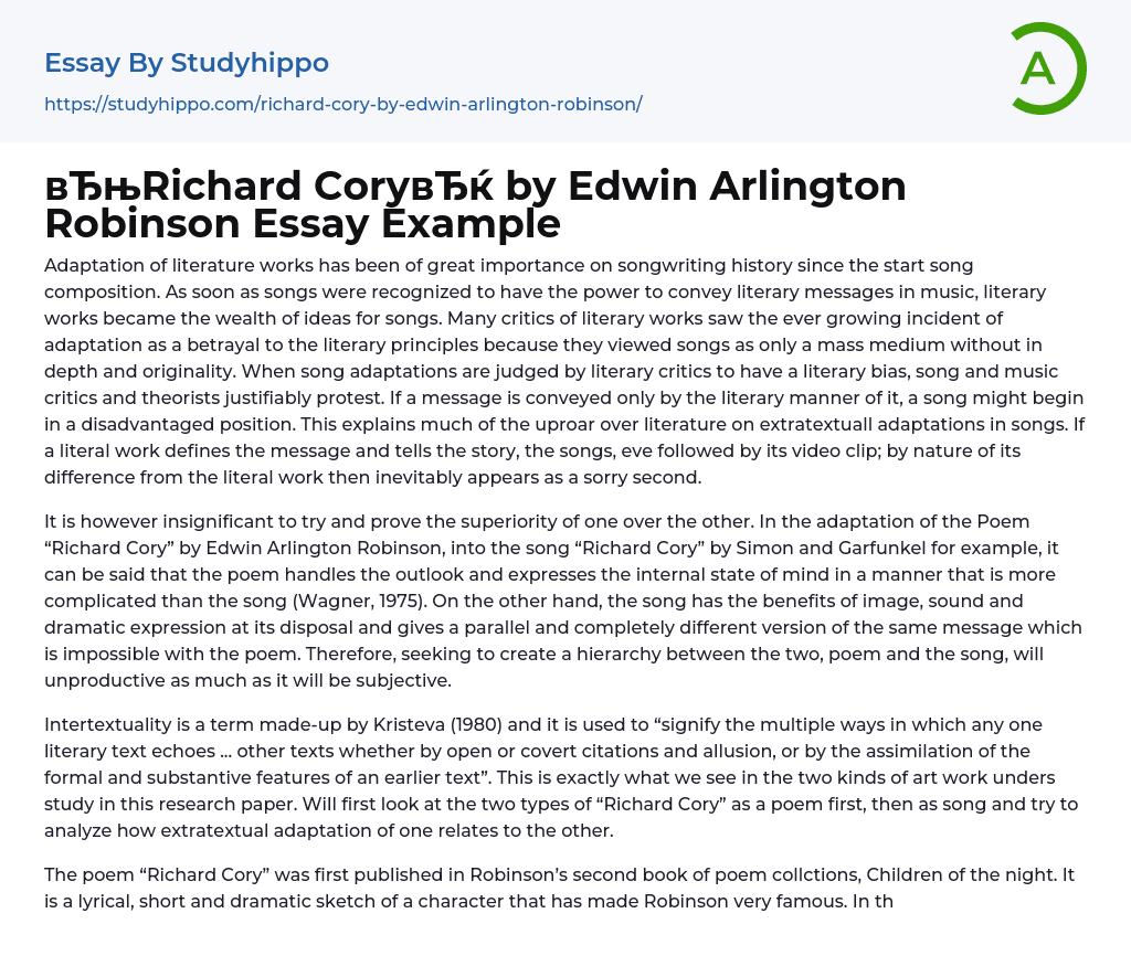 “Richard Cory” by Edwin Arlington Robinson Essay Example