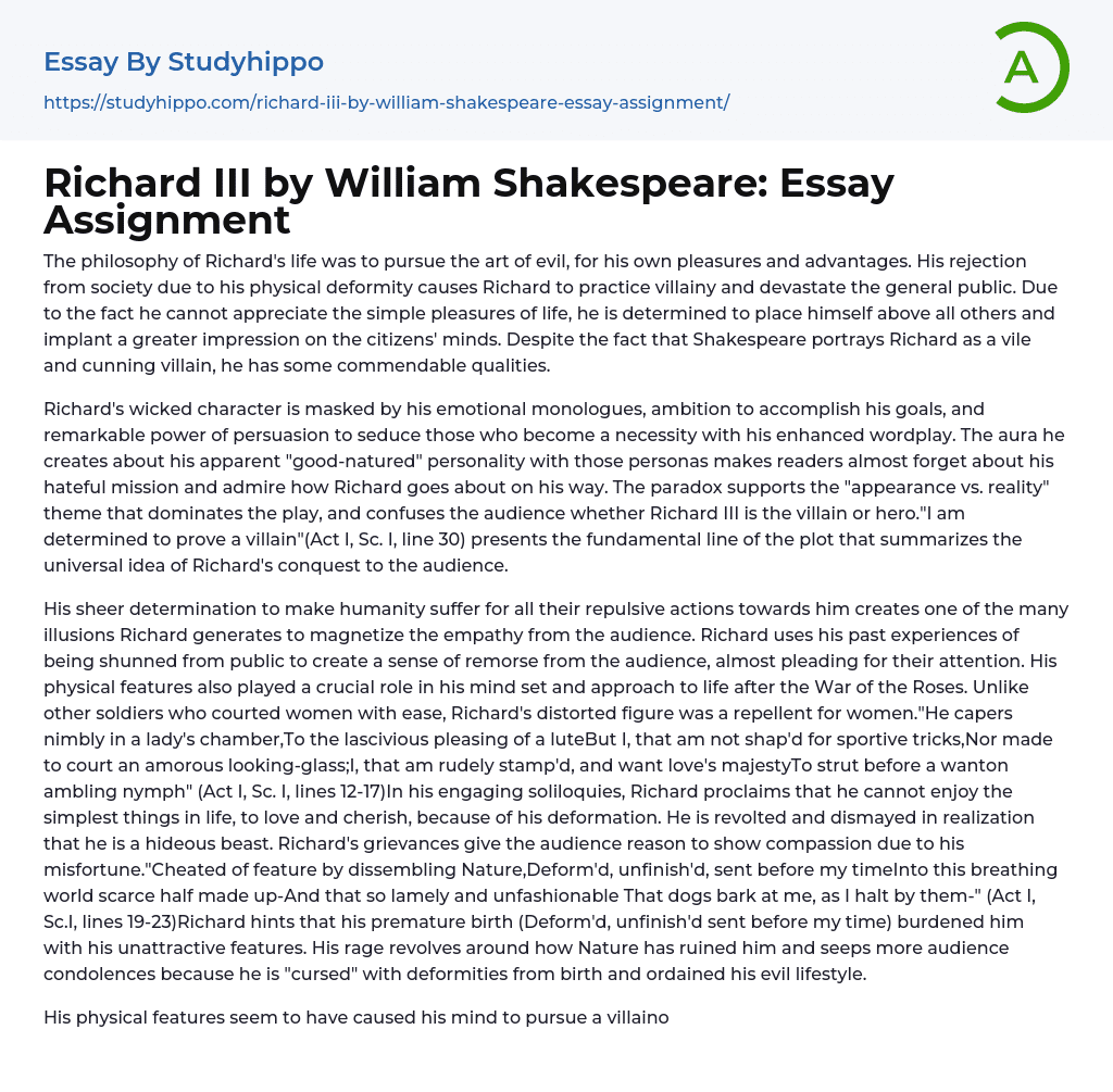 Richard III by William Shakespeare: Essay Assignment