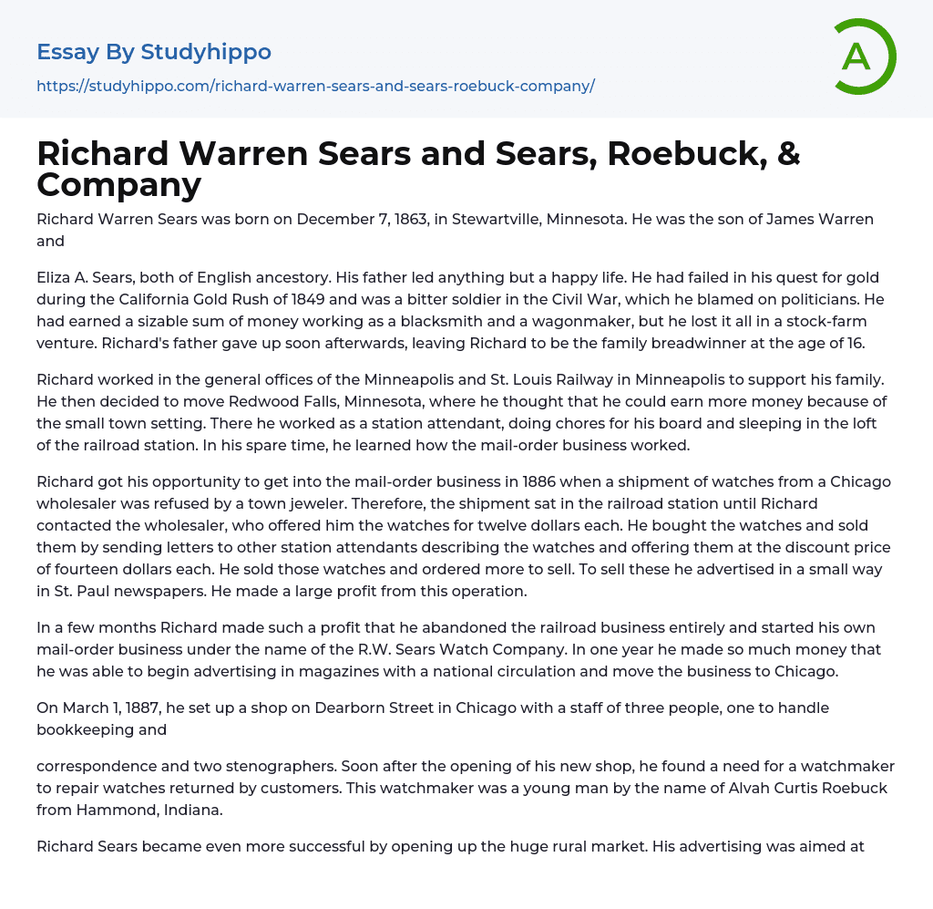 Richard Warren Sears and Sears, Roebuck, & Company Essay Example