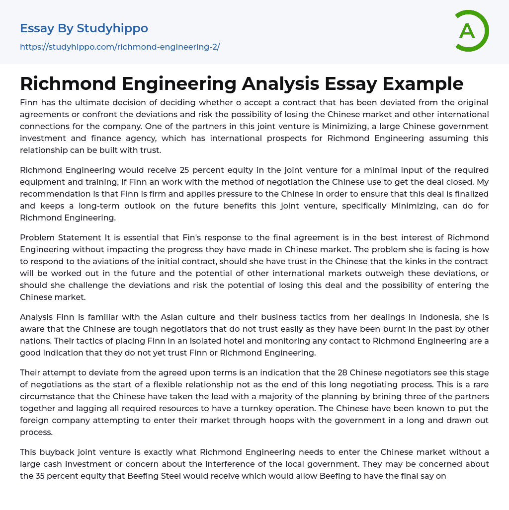 Richmond Engineering Analysis Essay Example