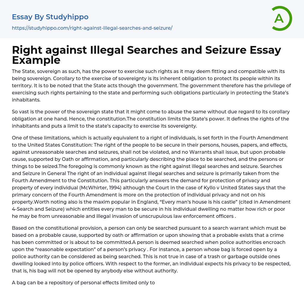 Right against Illegal Searches and Seizure Essay Example