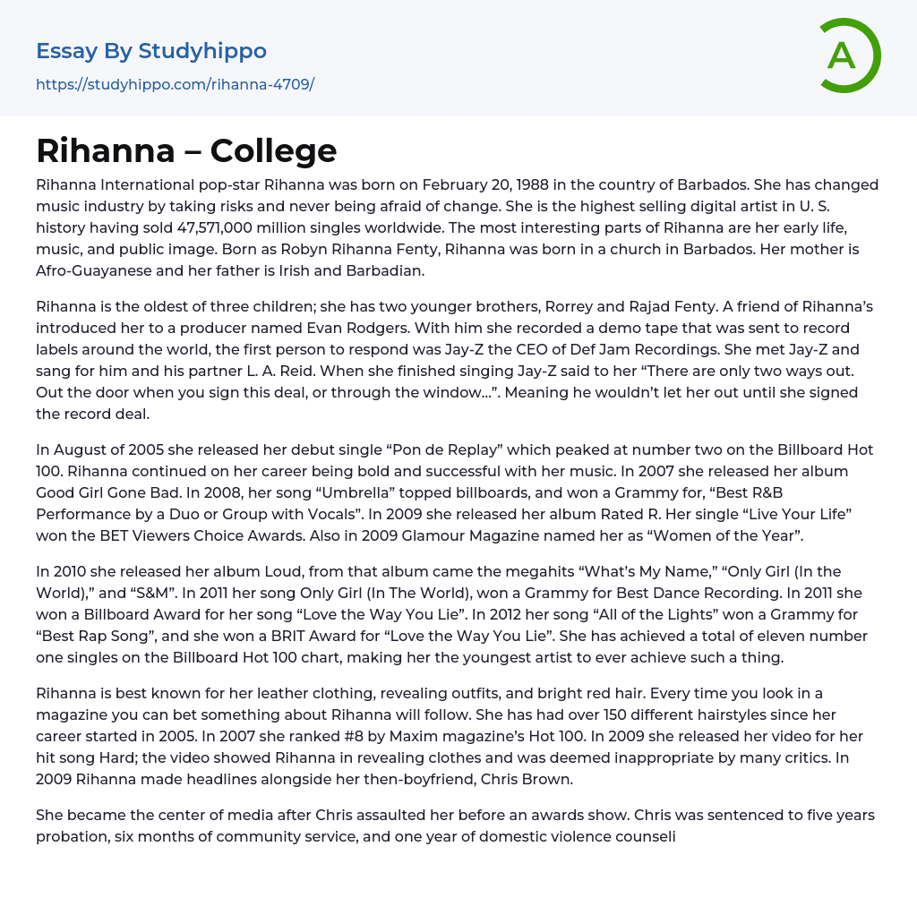 Rihanna – College Essay Example