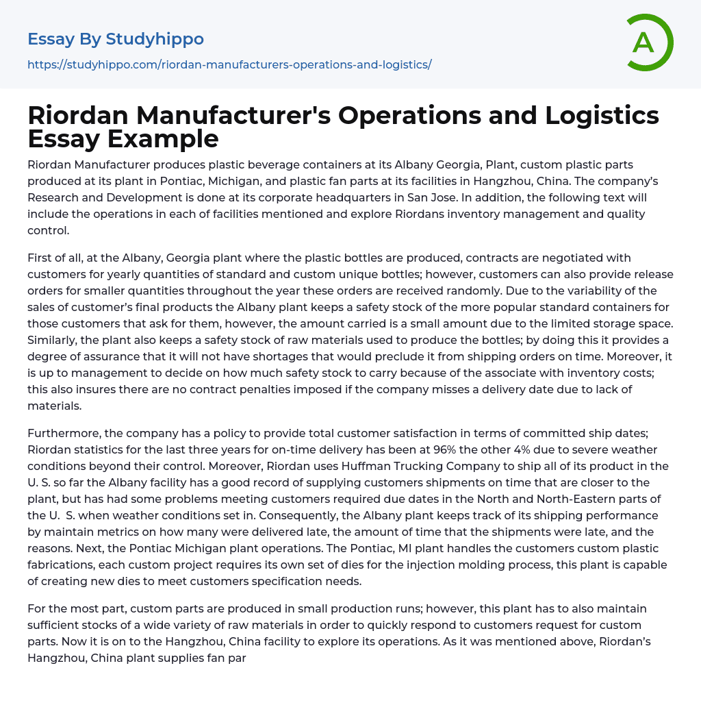 Riordan Manufacturer’s Operations and Logistics Essay Example