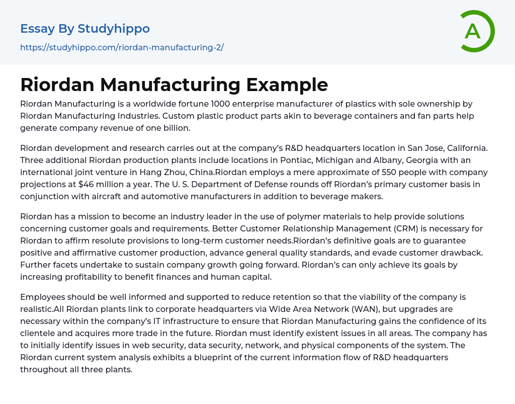 Riordan Manufacturing Example Essay Example