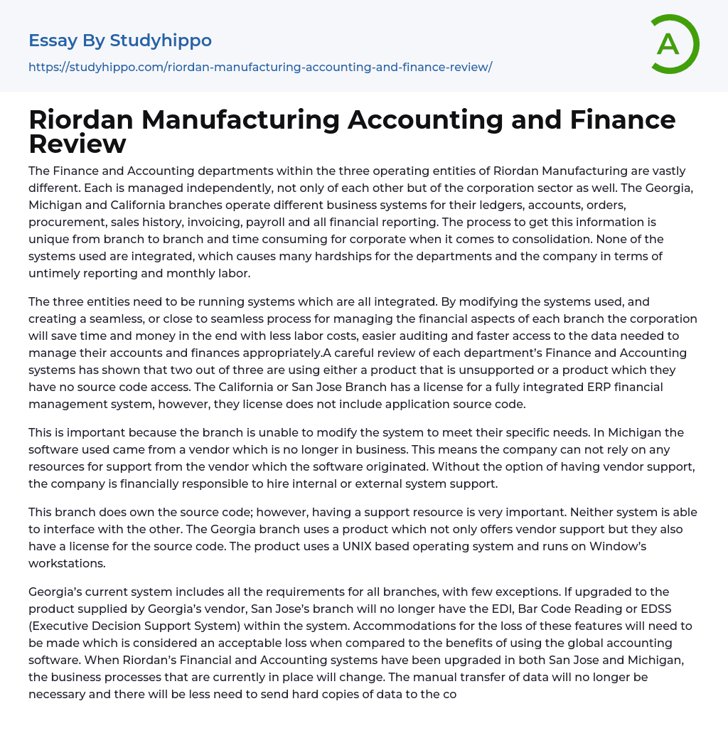 Riordan Manufacturing Accounting and Finance Review Essay Example