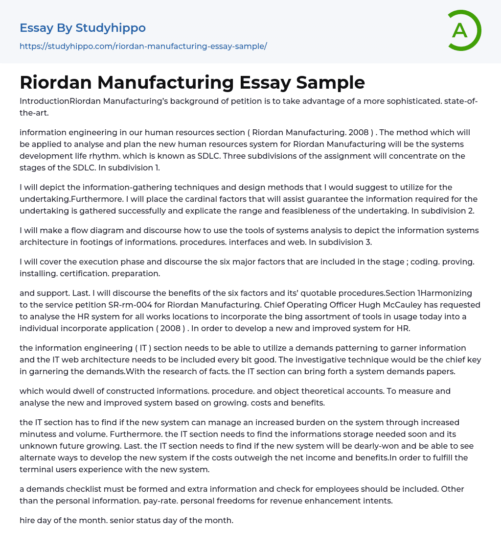 Riordan Manufacturing Essay Sample