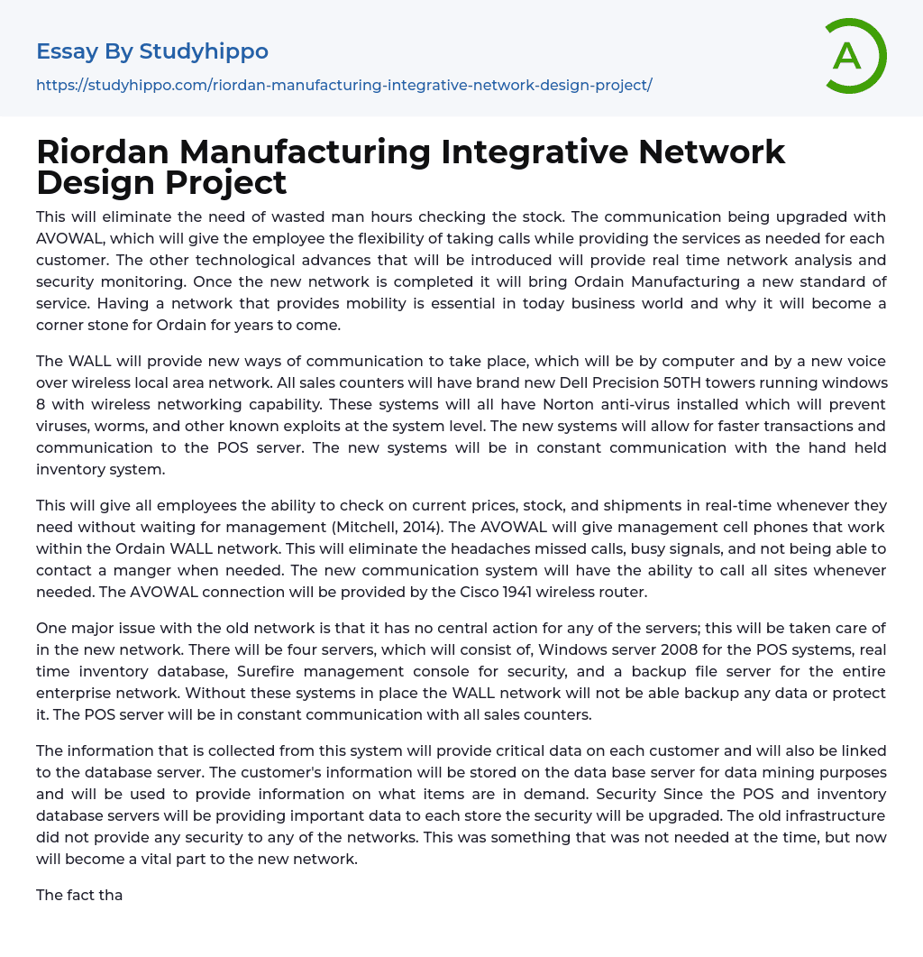 Riordan Manufacturing Integrative Network Design Project Essay Example