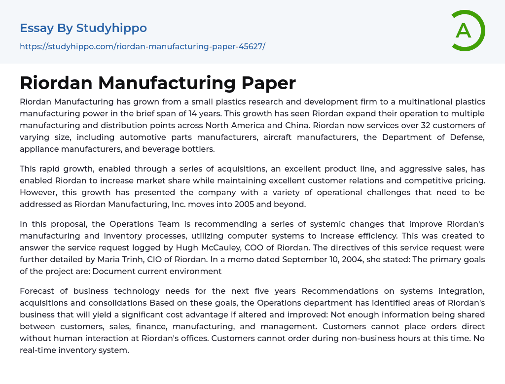 Riordan Manufacturing Paper Essay Example