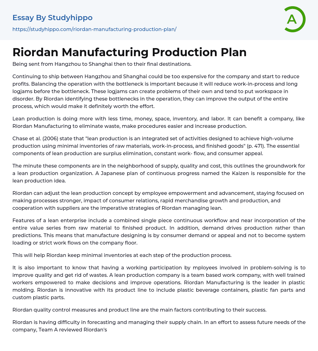Riordan Manufacturing Production Plan Essay Example