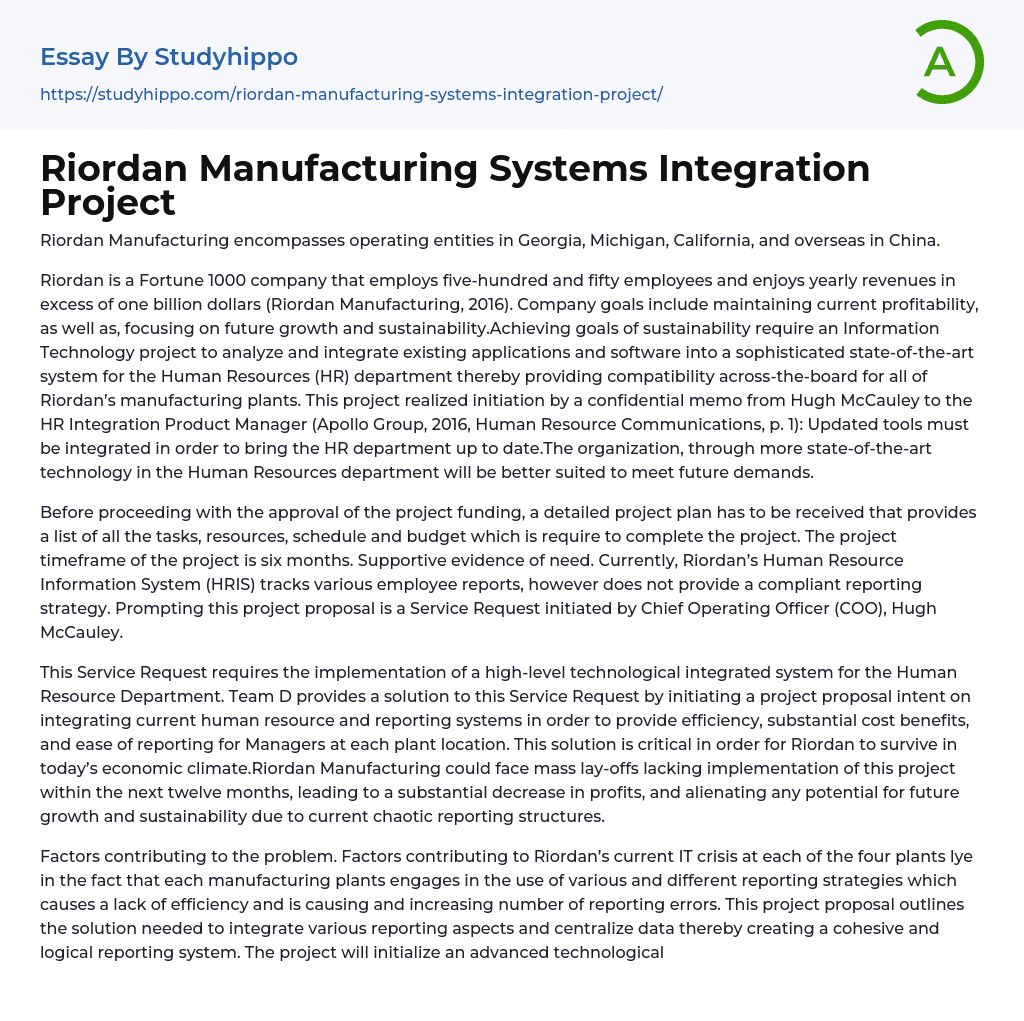 Riordan Manufacturing Systems Integration Project Essay Example