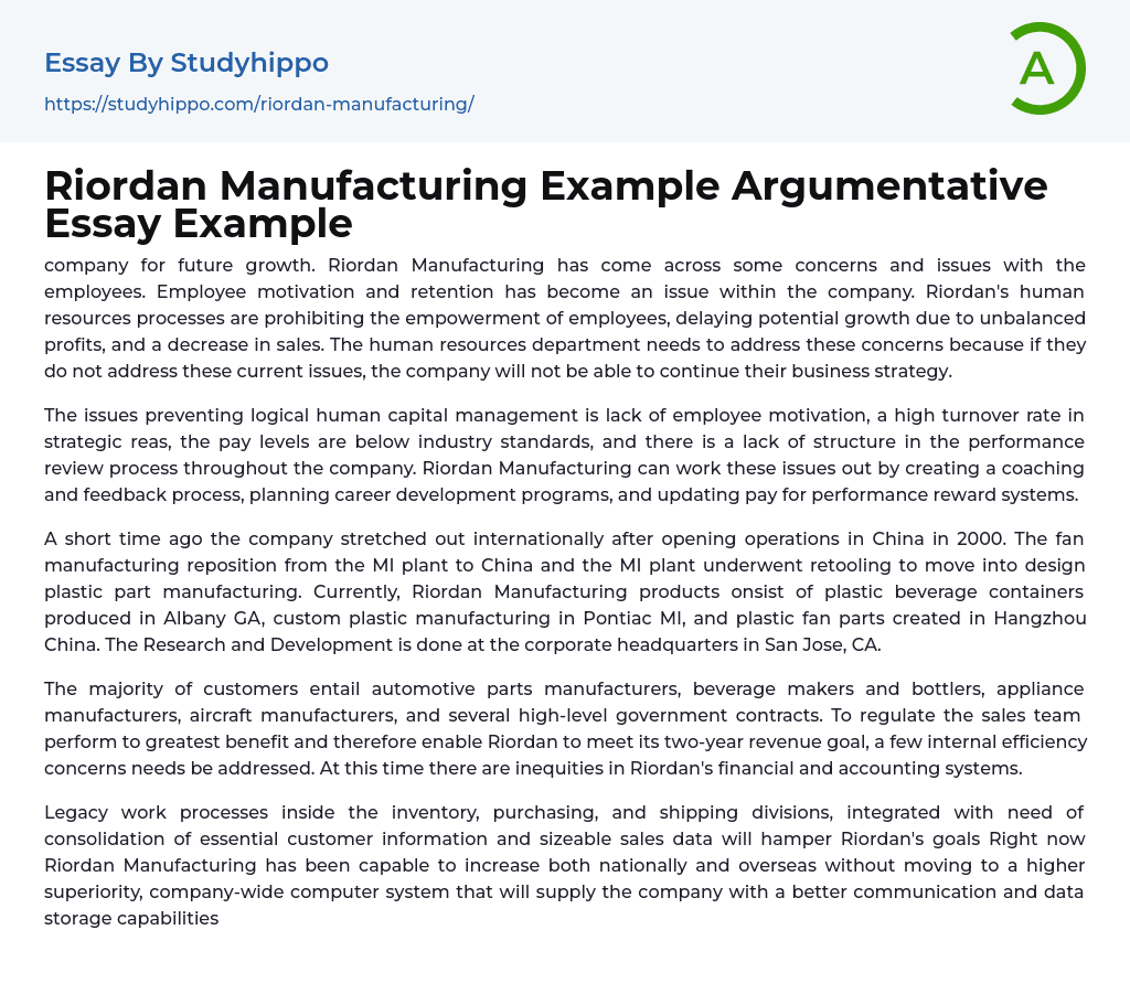 Riordan Manufacturing Example Argumentative Essay Example