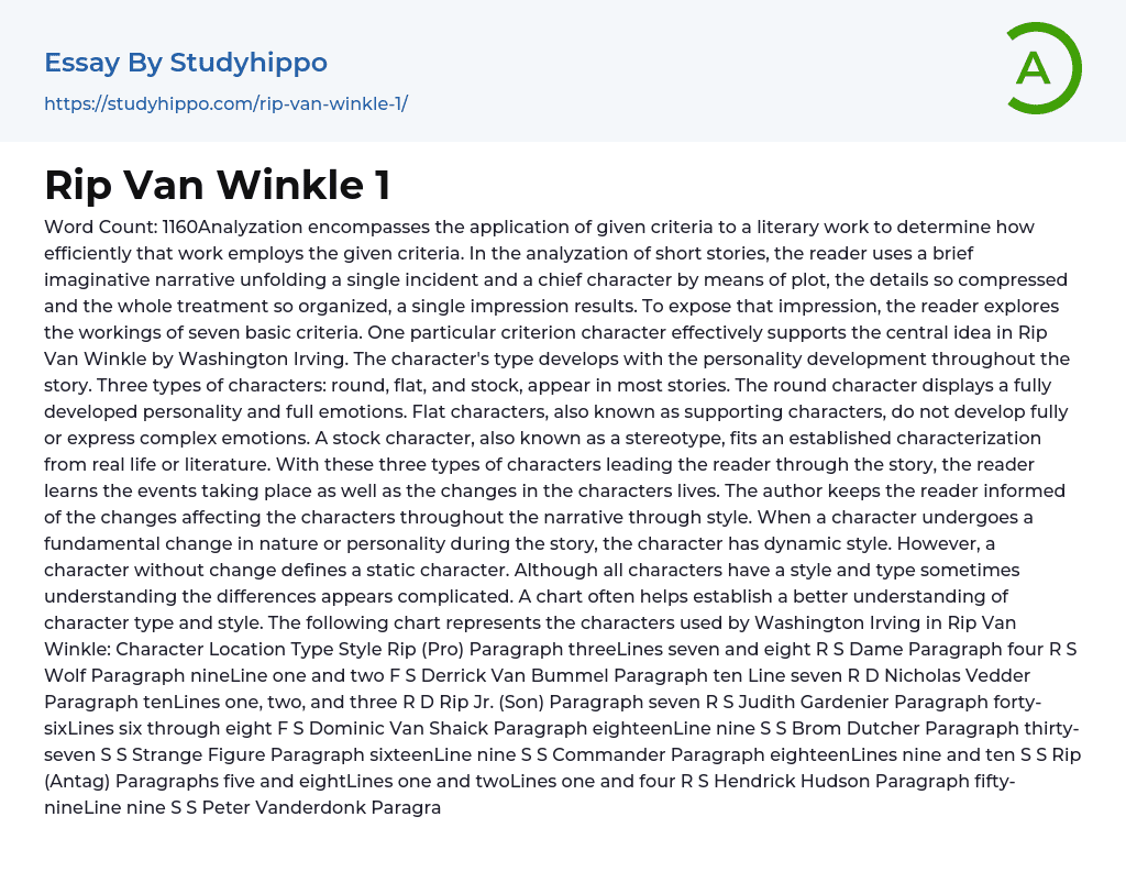 Rip Van Winkle 1 Essay Example