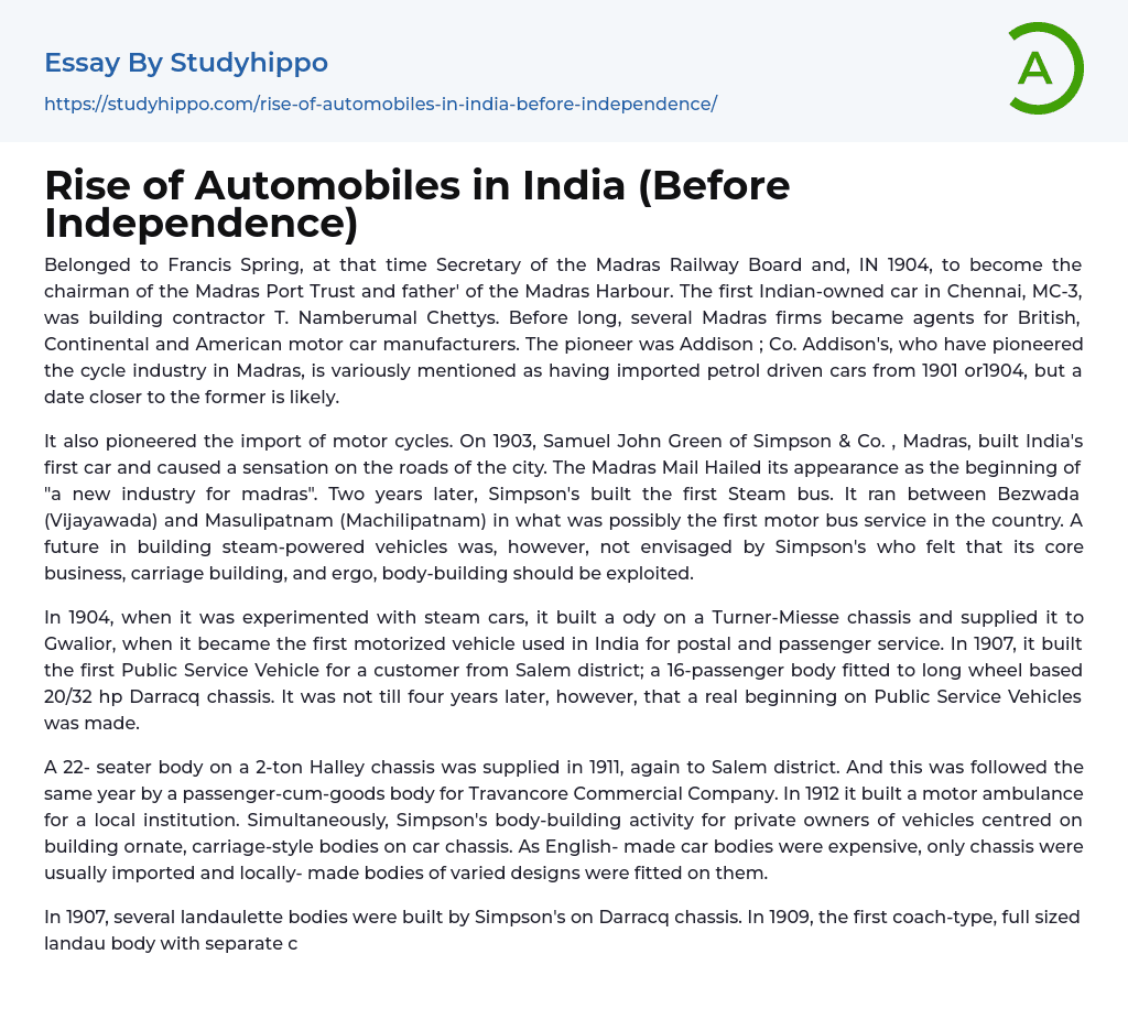 Rise of Automobiles in India (Before Independence) Essay Example