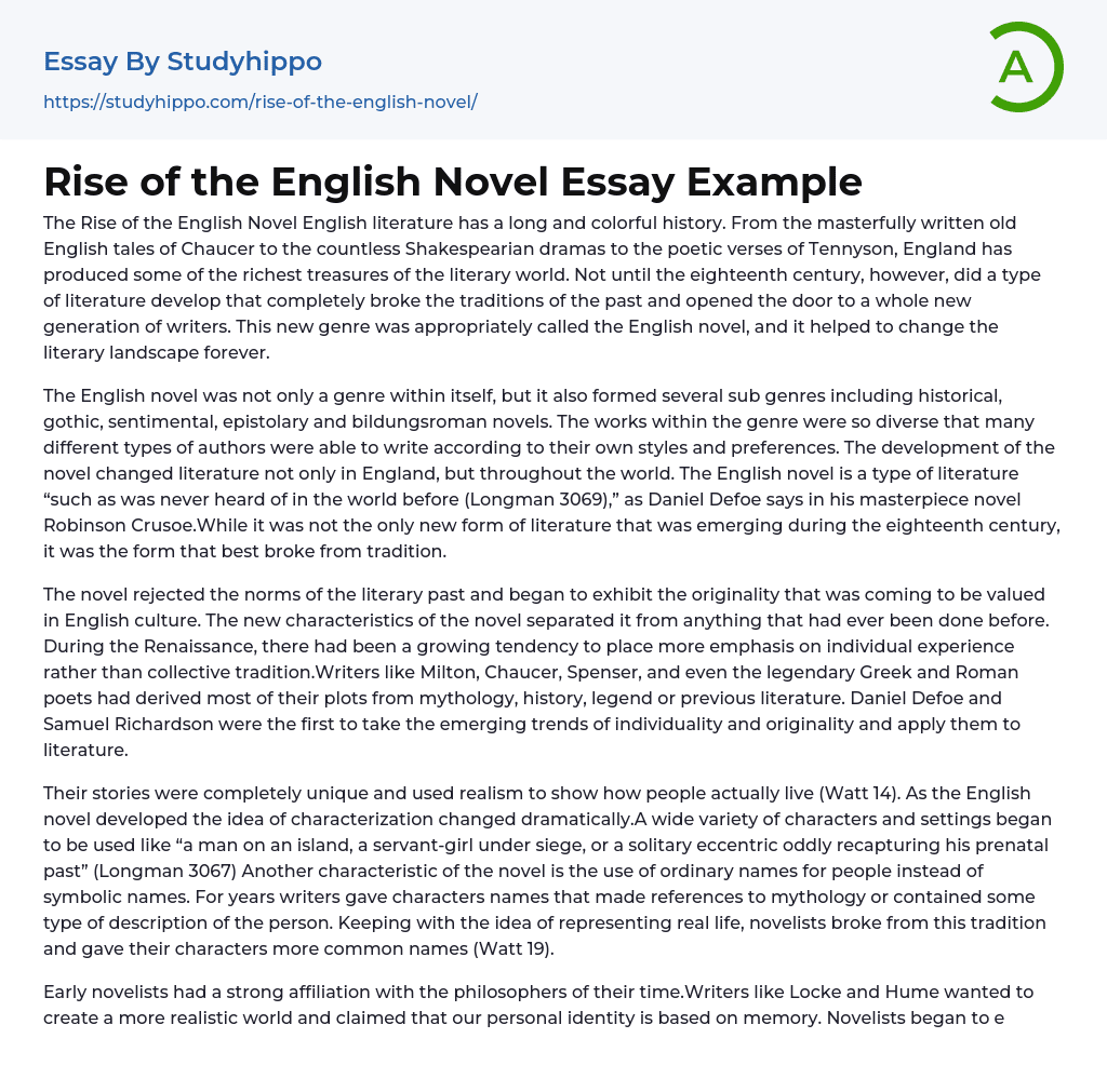 Rise of the English Novel Essay Example
