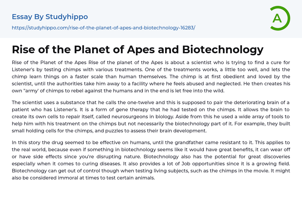 Rise of the Planet of Apes and Biotechnology Essay Example