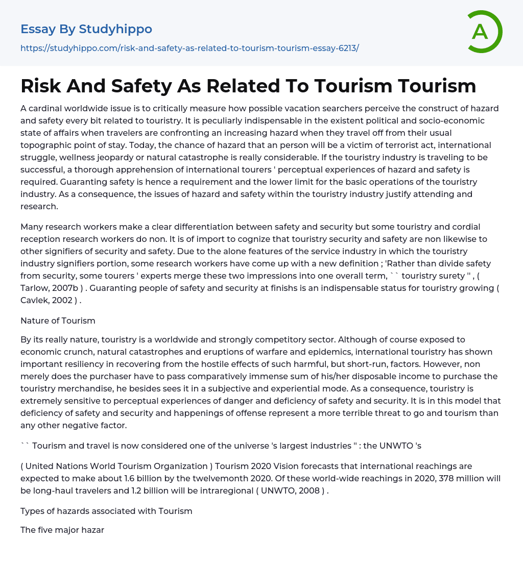 Risk And Safety As Related To Tourism Tourism Essay Example