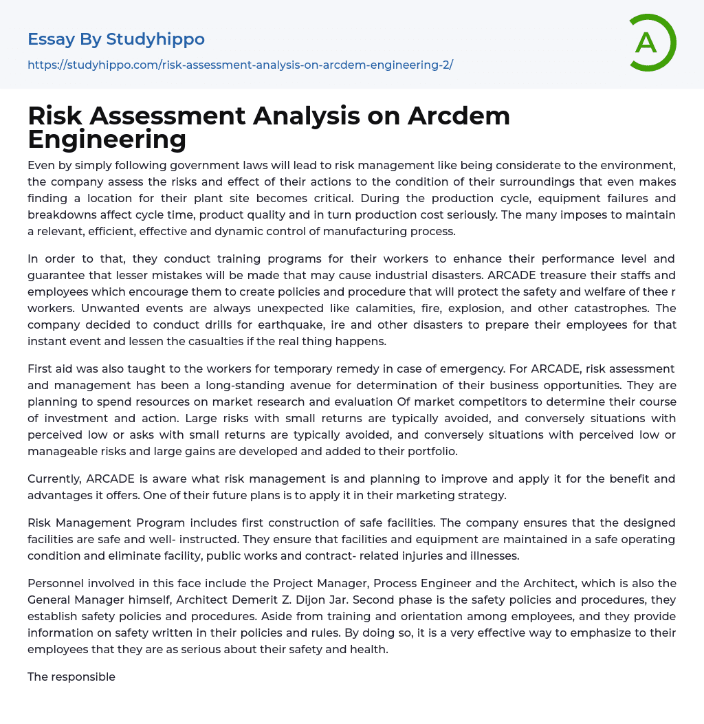 Risk Assessment Analysis on Arcdem Engineering Essay Example