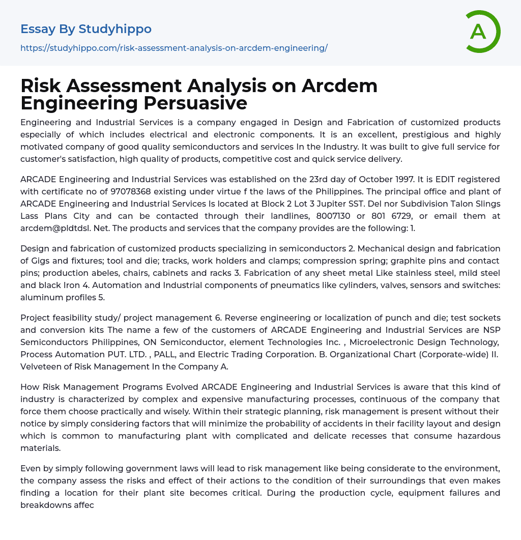 Risk Assessment Analysis on Arcdem Engineering Persuasive Essay Example