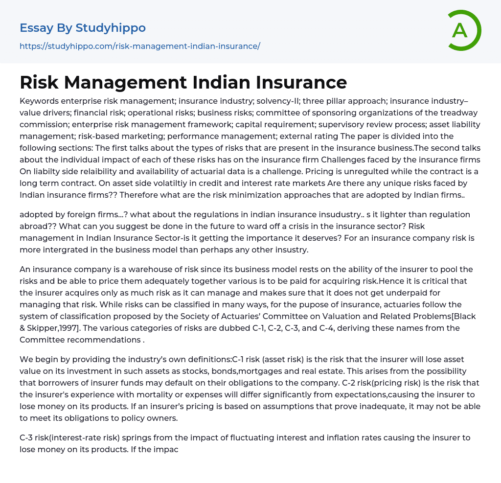 Risk Management Indian Insurance Essay Example