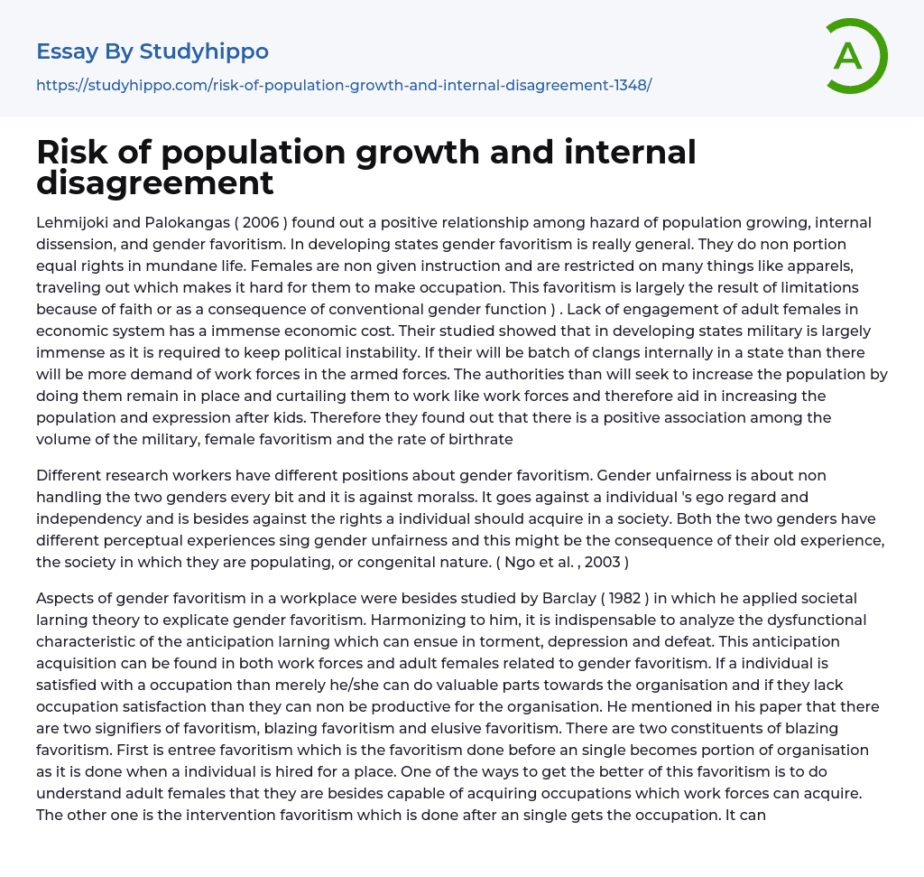 Risk of population growth and internal disagreement Essay Example