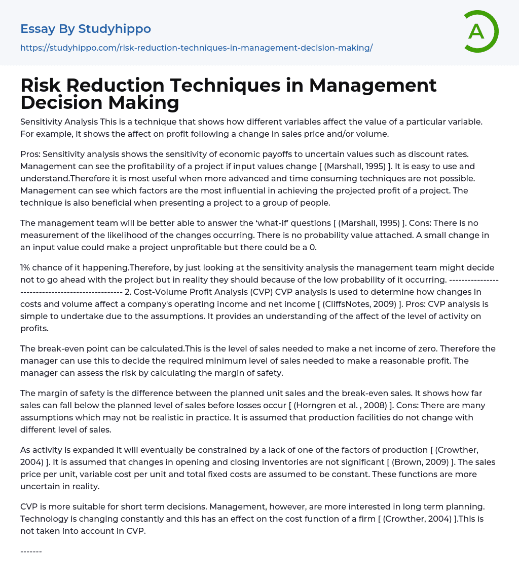 Risk Reduction Techniques in Management Decision Making Essay Example