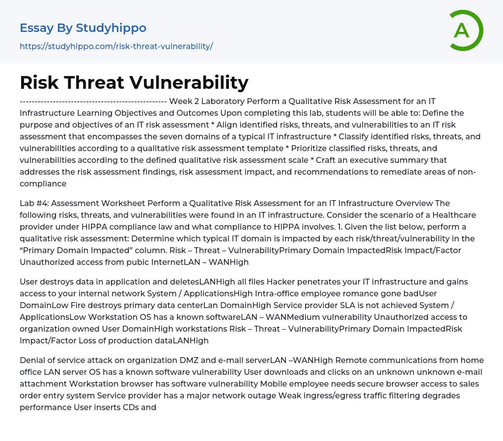 Risk Threat Vulnerability Essay Example