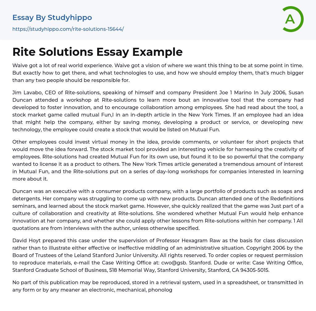 Rite Solutions Essay Example
