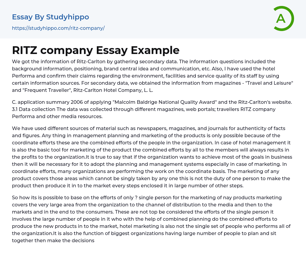 RITZ company Essay Example