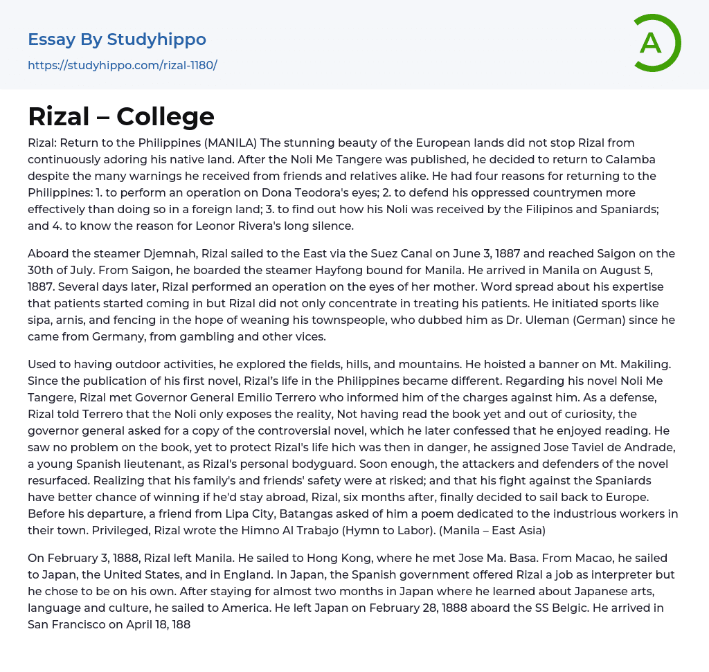 Rizal – College Essay Example