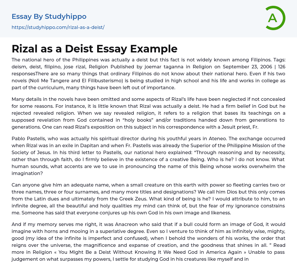 Rizal as a Deist Essay Example