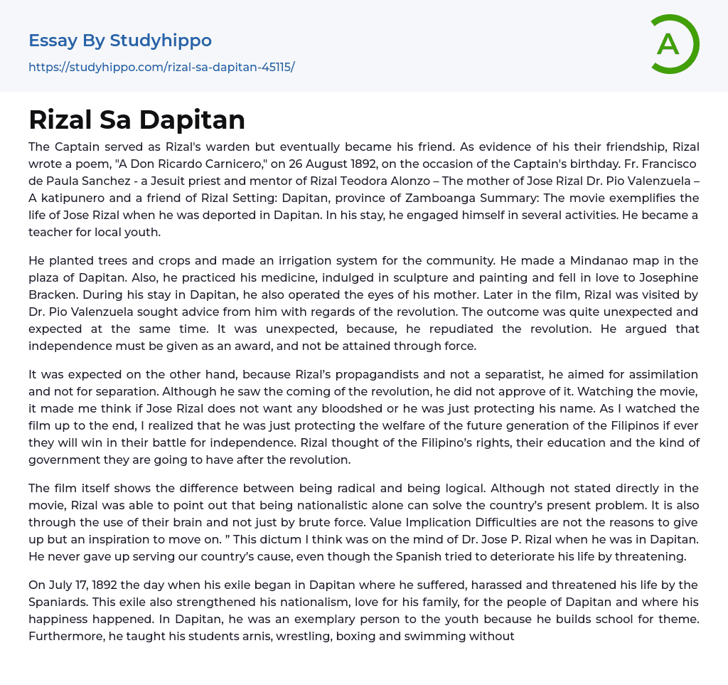 Rizal Sa Dapitan Essay Example