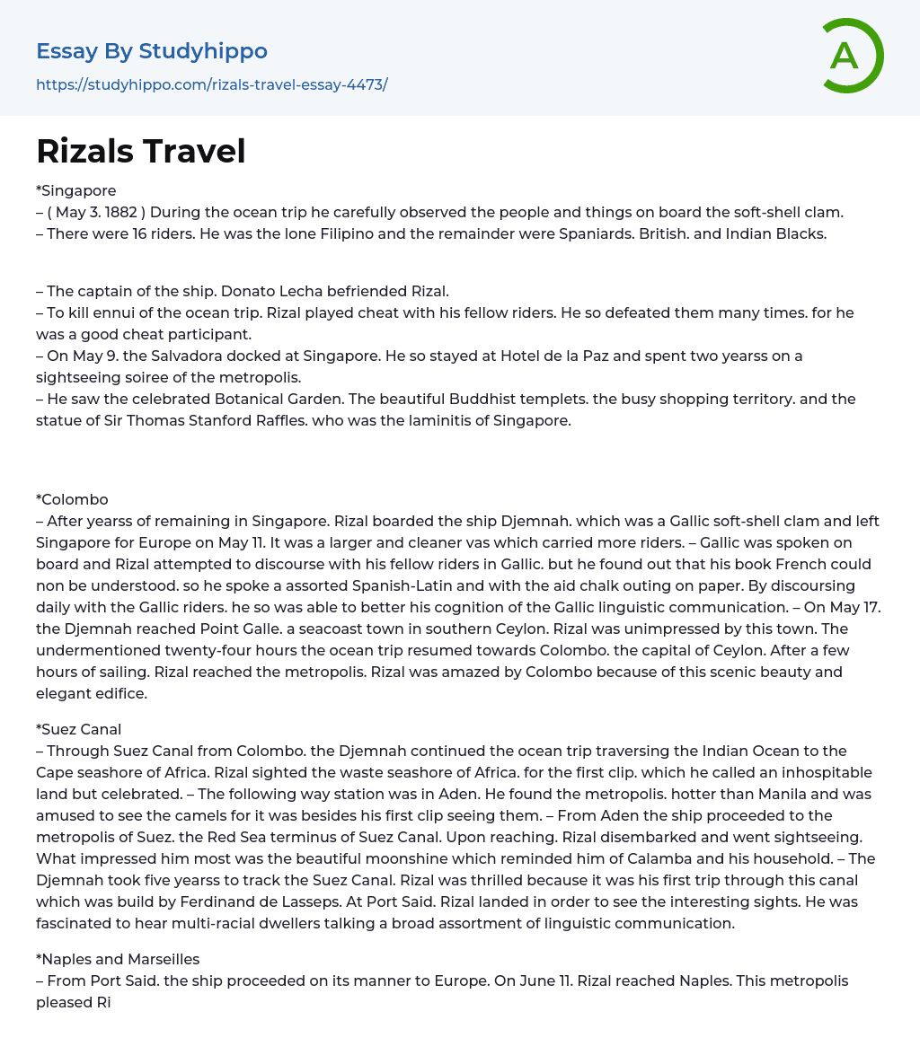 Rizals Travel Essay Example